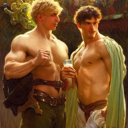 Image similar to attractive muscular arthur pendragon and muscular attractive merlin go to a pub together to have some drinks. highly detailed painting by gaston bussiere, craig mullins, j. c. leyendecker, alphonse mucha 8 k