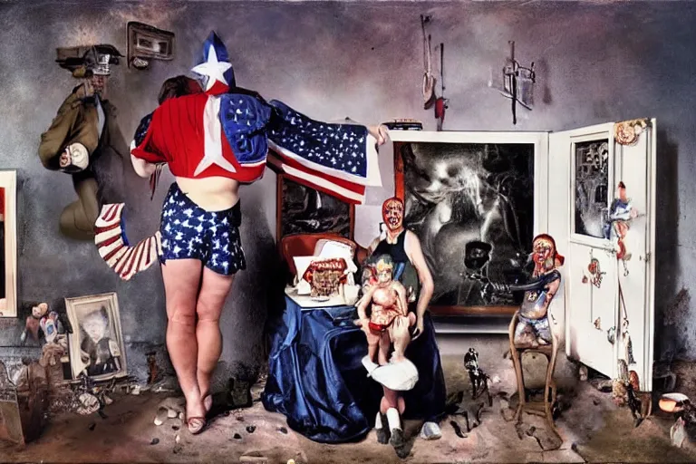 Image similar to full color american nightmare, joel peter witkin photo of 1 9 5 0 s suburban family, capitalist propaganda meets body horror, patriotic nihilism, annie liebovitz, bosch, disney