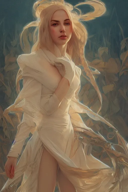 Image similar to Ava Max, elegant, highly detailed, digital painting, artstation, concept art, smooth, sharp focus, illustration, art by artgerm and greg rutkowski and alphonse mucha