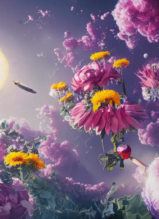 Image similar to An epic fantastic realism comic book style painting of the most beautiful flowers launched into space, bouquets, solar eclipse, fisheye, unreal 5, DAZ, hyperrealistic, octane render, dynamic lighting