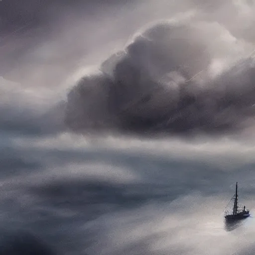 Image similar to large lonely ship drifting amongst the clouds and fog with heavy dark storm beautiful Concept art