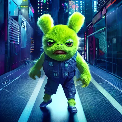 Image similar to high quality 3 d render cyberpunk very tennis ball monster highly detailed, unreal engine cinematic smooth, in the style of blade runner & detective pikachu, basil gogos, chalk, low angle, uhd 8 k, sharp focus, illustrated by basil gogos