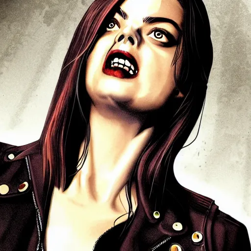 Prompt: in the style of Rafael Albuquerque art, Samara Weaving vampire, sharp teeth grin, sarcastic, brown leather jacket