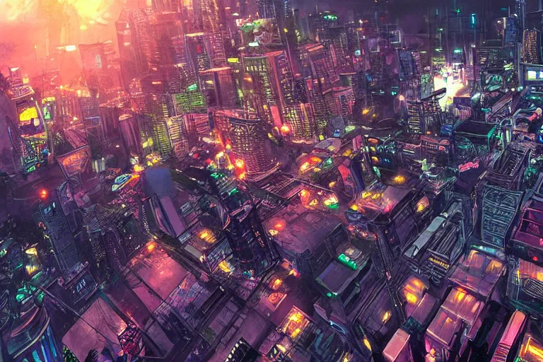 Prompt: sci - fi bangkok cityscape. wide angle night photo. helicopter view. exaggerated detail. volumetric lighting. art by masamune shirow.