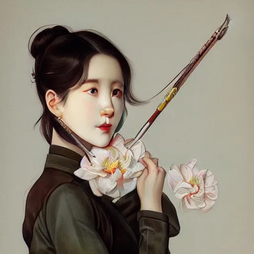 Image similar to IU, Korean Idol, Korean Artist, very detailed, digital art, concept art, studio quality, ethereal, art style by J. C. Leyendecker