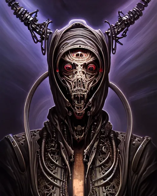 Prompt: front shot of a cyberpunk hooded dead biomechanical demon mastermind character, intricate, elegant, highly detailed, centered, (((artstation, concept art, smooth, sharp focus, artgerm, Tomasz Alen Kopera, Peter Mohrbacher, donato giancola, Joseph Christian Leyendecker, WLOP, Boris Vallejo))), mugshot!!!!!, ugly!!!!!!, octane render, nvidia raytracing demo, grainy, muted