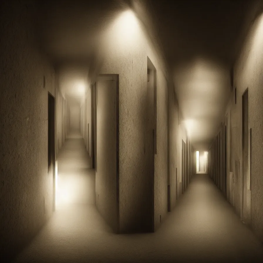 Image similar to dark and dim corridor, haunted, long exposure, detailed, hyper realistic, photorealism, ultra wide angle view, cinematic, peaceful, volumetric lighting