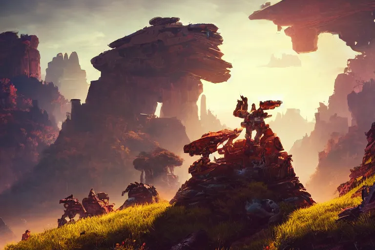 Image similar to rockbreaker machine mecanical creature robot of horizon forbidden west horizon zero dawn radiating a glowing aura global illumination ray tracing hdr fanart arstation by ian pesty and alena aenami artworks in 4 k