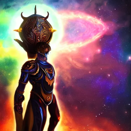 Image similar to photorealistic fantasy cosmic concept art of a cosmic god with armor made out of planets and dark matter, hovering in a unknown galaxy, fully body portrait, cinematic, dynamic lighting, ultra detailed, creative, trending on art station, stunning visuals, creative