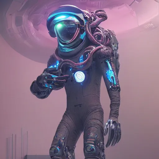 Image similar to portrait of a squid monster astronaut riding a space transport, full body portrait, well lit, intricate abstract. cyberpunk, intricate artwork, by Tooth Wu, wlop, beeple. octane render, trending on artstation, greg rutkowski very coherent symmetrical artwork. cinematic, hyper realism, high detail, octane render, 8k, minimalistic, hyperrealistic surrealism, award winning masterpiece with incredible details, a surreal vaporwave liminal space, highly detailed, trending on ArtStation