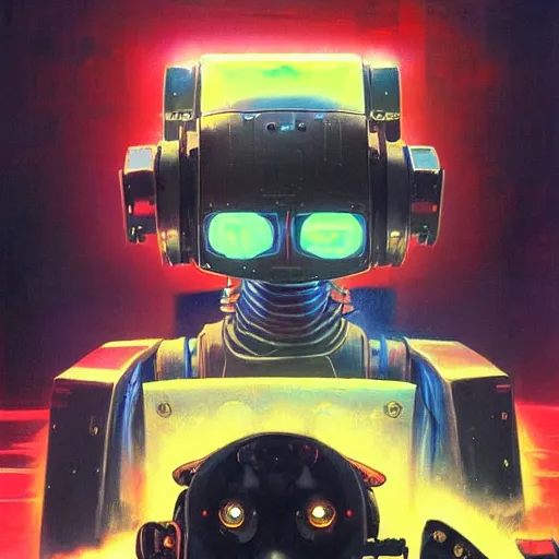 Image similar to a dark and colorful close - up of a sci - fi mecha dog robot with led lights glowing fog in the background. highly detailed science fiction painting by norman rockwell, frank frazetta, and syd mead. rich colors, high contrast, gloomy atmosphere, dark background. trending on artstation