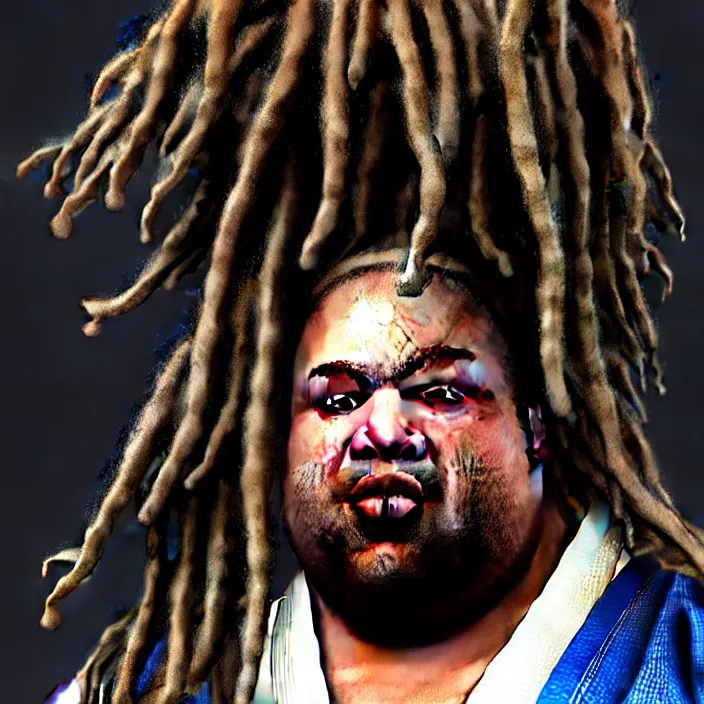 Image similar to hyperrealistic mixed media portrait of a moridly obese black man with dreads wearing a gi, doing martial arts, stunning 3d render inspired art by P. Craig Russell and Barry Windsor-Smith + perfect facial symmetry + dim volumetric lighting, 8k octane beautifully detailed render, post-processing, extremely hyperdetailed, epic composition, grim yet sparkling atmosphere, cinematic lighting + masterpiece, trending on artstation