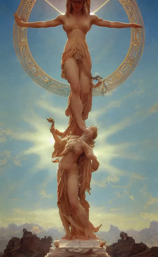 Prompt: statue of the goddess of the sun helios with four arms descending from olympus, artstation, concept art, smooth, sharp focus, illustration, art by artgerm and greg rutkowski and alphonse mucha and william adolphe bouguereau and john william waterhouse