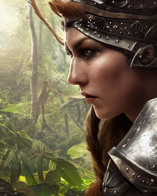 Prompt: digital art of a warrior woman in a jungle wearing heavy medieval knights armor, character art, covered in armor detailed face, beautiful face, 4 k, octane render