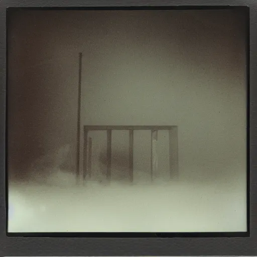 Image similar to an impossibly complex concrete structure, foggy, dark, old polaroid, expired film,