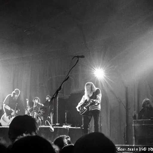 Image similar to willie nelson on stage, guitar. god rays through fog.