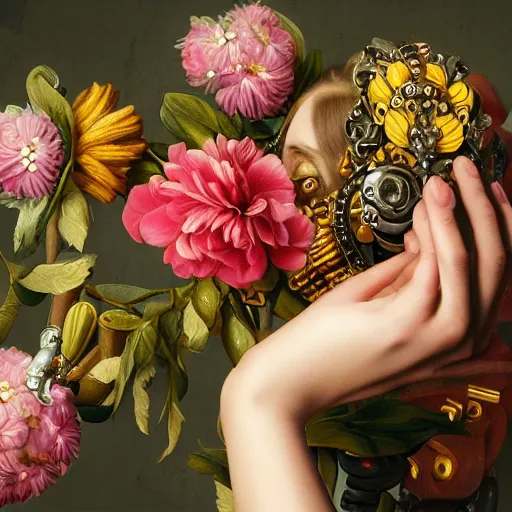 Prompt: maximalist elaborate photorealistic cyborg hands holding a flower. in the style of Michelangelo and flemish baroque. vibrant vivid textures HD 8x matte background