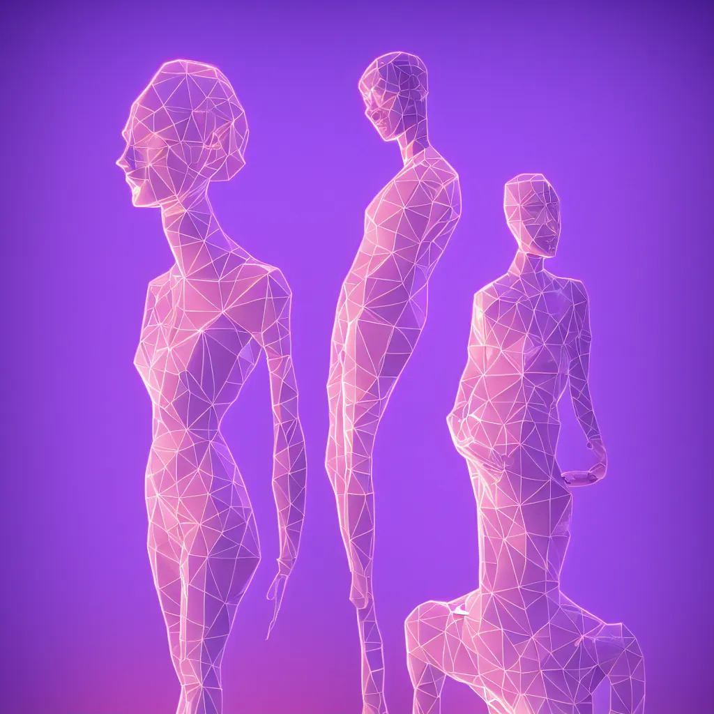 Image similar to beautiful mannequin sculpted out of amethyst by billelis + lit with 3 d geometric neon + facing a doorway opening with neon pink geometric fractal light + flowering hosta plants!!!, moon in background!, rule of thirds, clean linework, dramatic, award winning, 4 k, trending on artstation, photorealistic, volumetric lighting, octane render