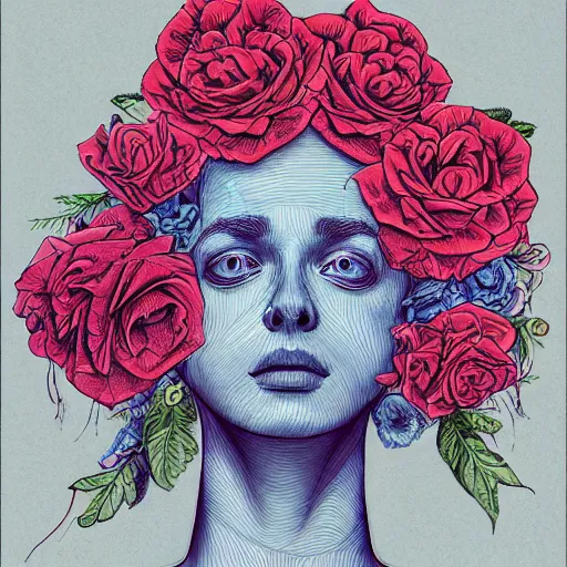 Image similar to the anatomy of a head of lettuce with roses that resemble a beautiful young woman looking up, an ultrafine detailed illustration by james jean, intricate linework, bright colors, final fantasy, behance contest winner, vanitas, angular, altermodern, unreal engine 5 highly rendered, global illumination, radiant light, detailed and intricate environment