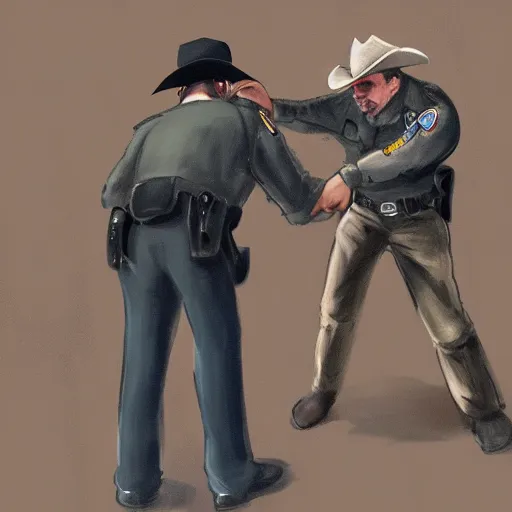 Image similar to A police officer arresting a cowboy, trending on art station