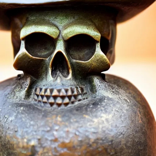 Prompt: close up shot of an old bronze patina statue of a skull with a samurai hat