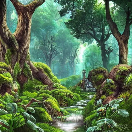 Prompt: A lush green ancient fantasy forest, with large trees and beautiful life, high details, realistic art.