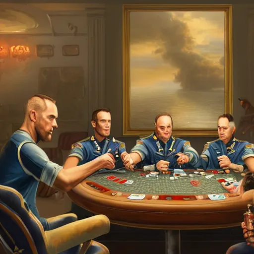 Image similar to four dog navy admirals playing poker art by raymond swanland and svetlin velinov, intricate detail, cinematic, 8 k, cel shaded, unreal engine, featured on artstation, pixiv