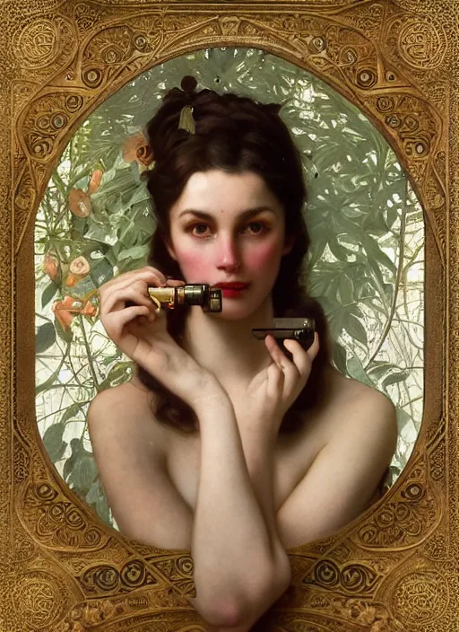 Image similar to hyper realistic photographer looking through a vintage camera, design on white background, beautiful details, lush foliage, gold, drawn by john singer sargent, tom bagshaw, norman rockwell, alphonso mucha, lolish, trending on artstation