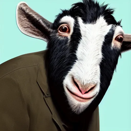 Image similar to andy milonakis as a goat, goat body, human head, anthropomorphic, 4 k, photorealistc, high details