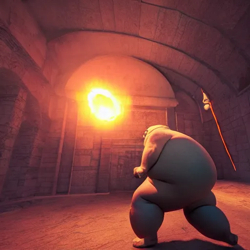 Prompt: Third person perspective of an obese man defending himself with magic against creatures in a dungeon. Octane & Unreal Engine 4 & Photography. Ray-Traced