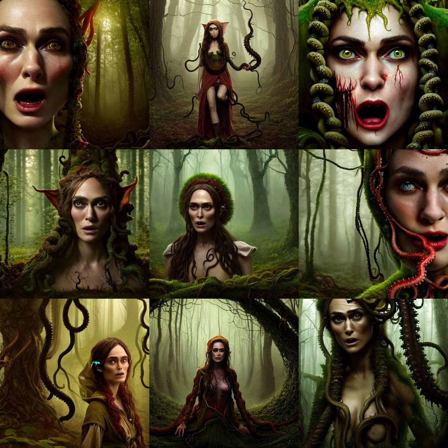 Prompt: a very high resolution matte oil painting of a cosmic horror monstrosity ( tentacles ) inside of forest with screaming elf woman ( portrait closeup keira knightly dressed as villager ) forest, extremely detailed, disturbing, cinematic, 4 k, 8 k
