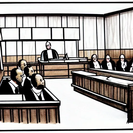 Prompt: [ ridiculous courtroom scene drawn by marilyn church ]