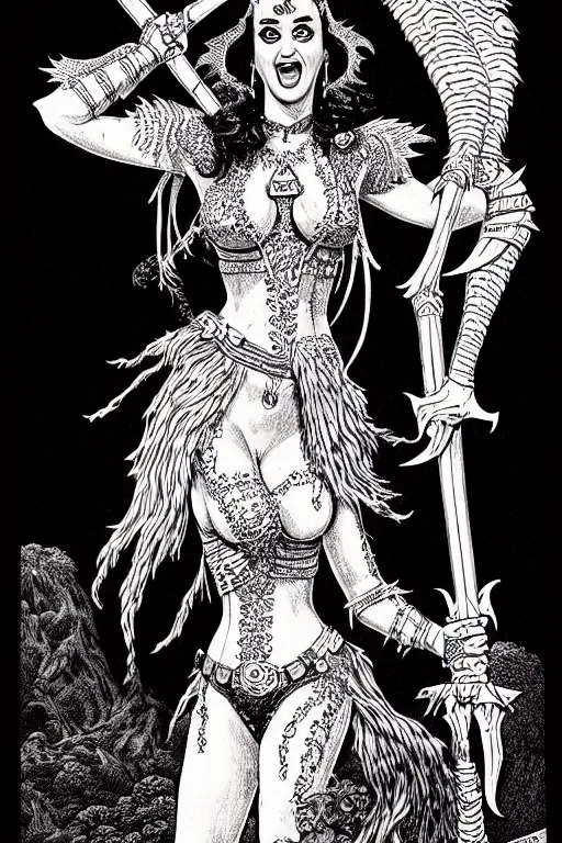 Prompt: katy perry as a d & d monster, full body, pen - and - ink illustration, etching, by russ nicholson, david a trampier, larry elmore, 1 9 8 1, hq scan, intricate details, inside stylized border