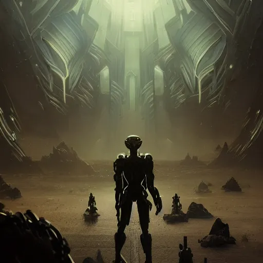 Image similar to highly detailed subjective futuristic painting outlining the process where the ai enhanced arbiter of fate beckons his disciples to kneel to the coming onslaught of universal decay by greg rutkowski, by james paick, by hernando gaswater, 4 k resolution, octane render, dark moody muted color scheme, robotic wire infested hellscape