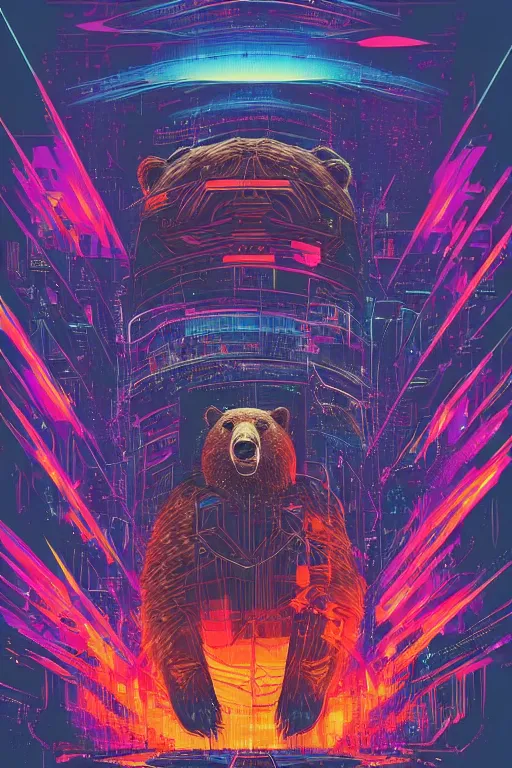 Prompt: a portrait of a bear with thunders in the sky in a future cybernetic city, outrun style and colours, trending on arstation, by dan mumford, by ross tran