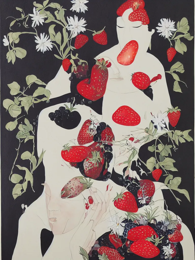 Image similar to “art in an Australian artist’s apartment, portrait of a woman wearing white cotton cloth, eating luscious fresh raspberries and strawberries and blueberries, Australian Aboriginal and Japanese stylistic influences, white wax, edible flowers, Japanese pottery, ikebana, black walls, acrylic and spray paint and oilstick on canvas”