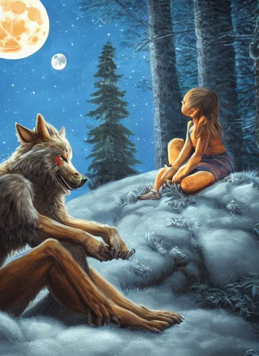 Image similar to a painting of a werewolf at night sitting next to a human child in front of full moon, fantasy art, matte painting, highly detailed