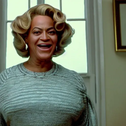 Prompt: A movie still of Beyonce as Mrs Doubtfire, dynamic lighting, smiling, 8k, 2022 picture of the year