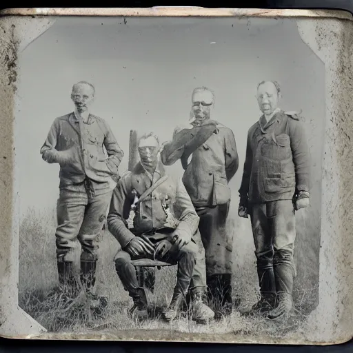 Prompt: tintype, wide angle view, scientists and soldiers show captured alien specimen