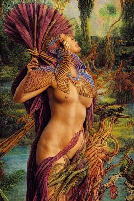 Image similar to painting of Egyptian Mother Nature in a lake, inspired by Gustav Moreau and Wayne Barlowe, exquisite detail, hyper realism, ornate, exquisite detail, cute face