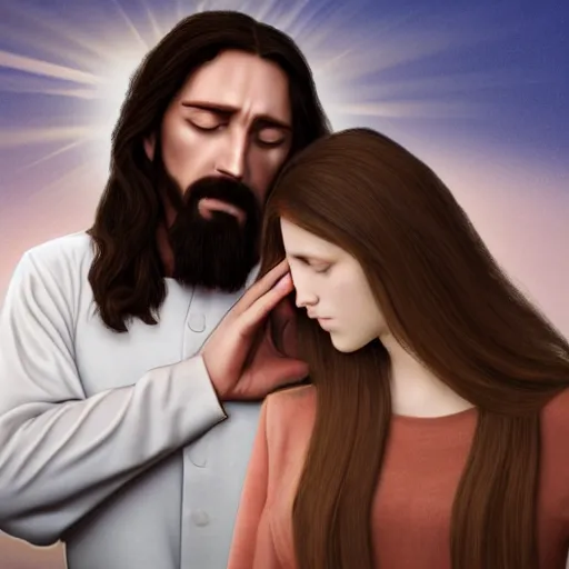 Prompt: creepy jesus christ hovering over a young woman rubbing her shoulder and sniffing her hair.