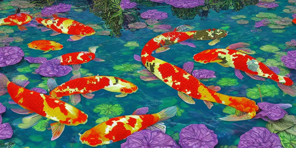 Prompt: psychedelic koi fish pond, mc escher, hyper detailed illustration, unreal engine 5,