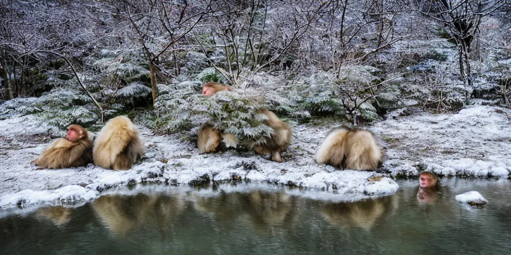 Image similar to nature photography of the snowy mountain in Jigokudani Yaen Koen with snowflakes in the air, there are snow monkeys relaxing in the hot springs and grooming each other, the snow monkeys are caring, family, intelligent, smart, inquisitive, adorable, attentive and handsome, the image emotes feelings of serene calm energy, award winning 4K HDR photography