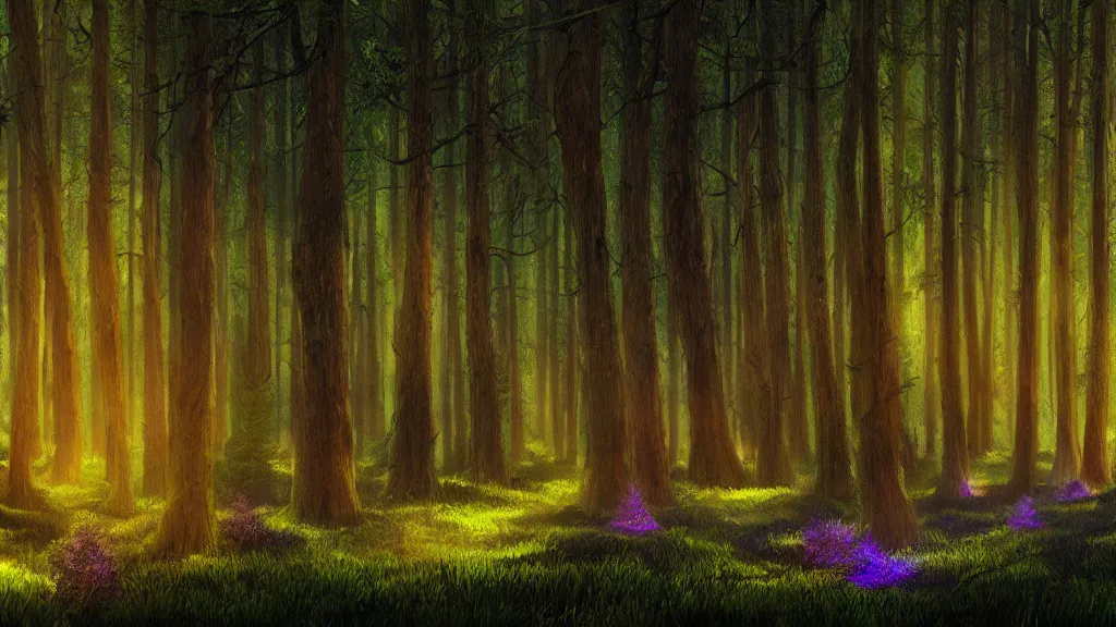 Image similar to portrait of an ethereal evergreen forest made of green and purple light with log cabin made of golden light, divine, cyberspace, mysterious, dark high-contrast concept art