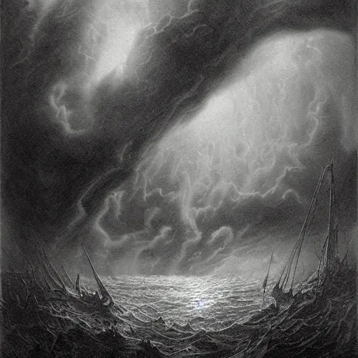 Prompt: Innsmouth, H.P. Lovecraft, dark clouds, dark, eerie, dystopian, city, eldritch, illustration by Gustave Doré