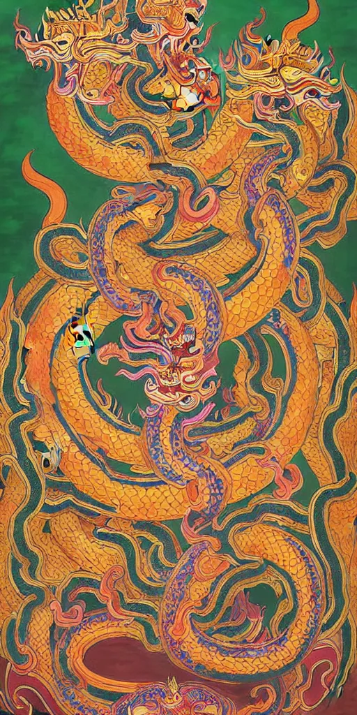Image similar to naga art, mythical serpent southeast asian legends, thai traditional painting, royal thai art, guardian at the temple, garuda eagle, thai folklore, buddhist painting, thai dragon paintings by Chalermchai Kositpipat, Kittichai Rueangchaichan