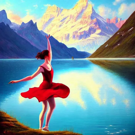 Prompt: a painting of a young woman dancing in front of a beautiful lake in switzerland, mountains on the background, high quality oil painting artstyle, feminine, delicate, hyperdetailed, in the style of artgerm, deviantart, figurative art, deviantart, ilya kuvshinov, lovecraftian