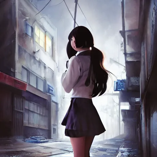 Prompt: a perfect, realistic professional digital oil painting of a Japanese schoolgirl posing in a dystopian alleyway, style of Marvel, full length, by a professional American senior artist on ArtStation, a high-quality hollywood-style concept