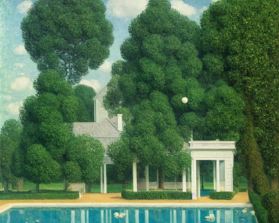 Image similar to achingly beautiful painting of a sophisticated, well - decorated, inspired pool house by rene magritte, monet, and turner.