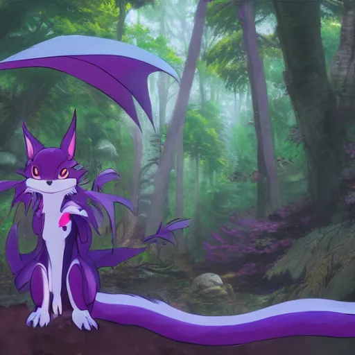 Image similar to concept art painting of an anthropomorphic purple anime furry dragon, in the deep forest, realistic, detailed, cel shaded, in the style of makoto shinkai and greg rutkowski and james gurney